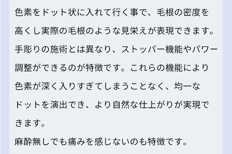 色素をドット状に入れていくことで、毛根の密度を高くし実際の毛根のような見栄えが表現できます。麻酔なしでも痛みを感じないのも特徴です。