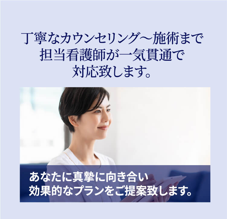 丁寧なカウンセリング〜施術まで担当看護師が一気貫通で対応致します。あなたに真摯に向き合い効果的なプランをご提案致します。