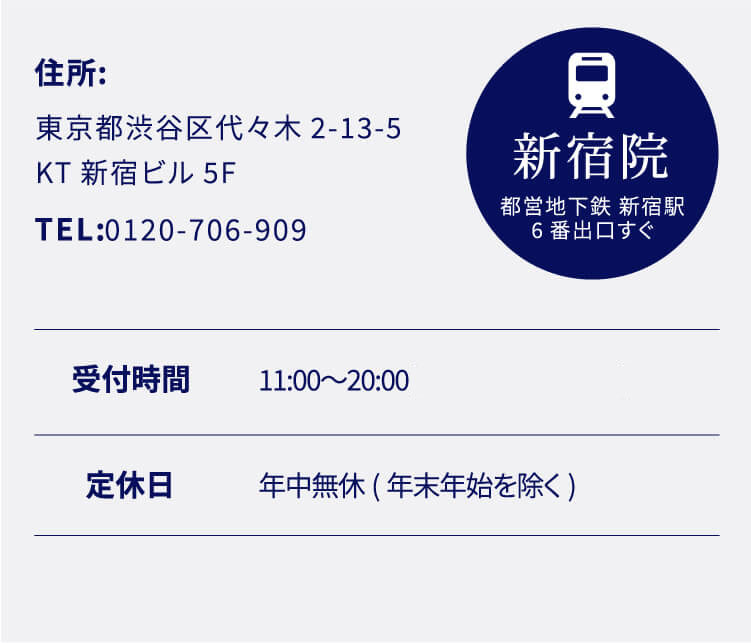 住所:東京都渋谷区代々木2-13-5KT新宿ビル7階 TEL:0120-706-909 新宿院 都営地下鉄 新宿駅6番出口すぐ 受付時間 11:00〜20:00(月曜12:00〜21:00) 定休日年中無休(年末年始を除く)
